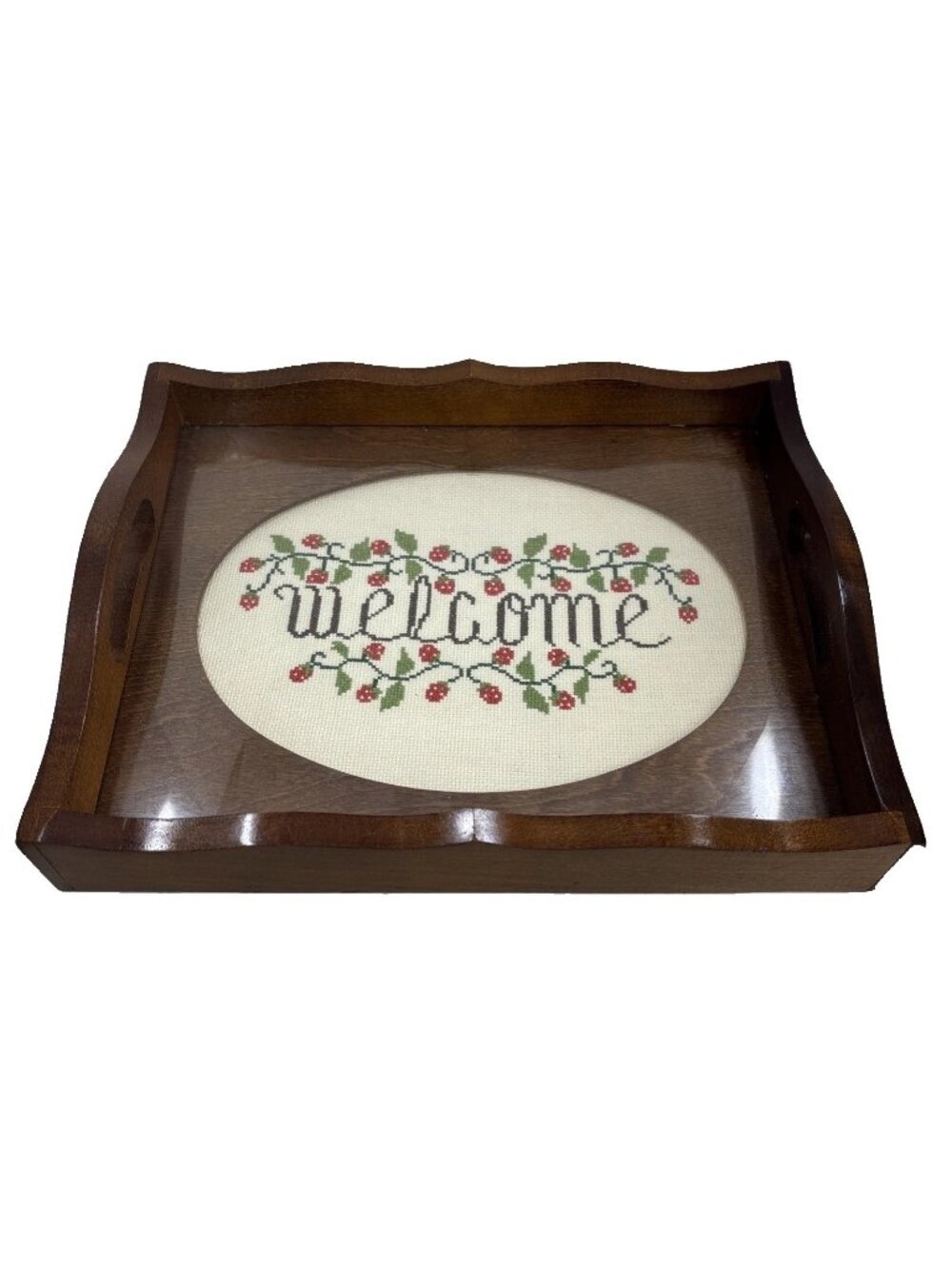 Vintage Wood & Glass Serving Tray 14.75" x 12" Handmade Welcome Needlepoint